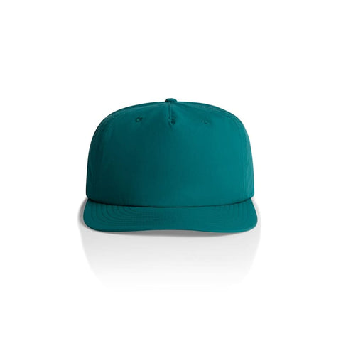 A teal cap with a structured front and a flat peak, featuring a logo on the front.